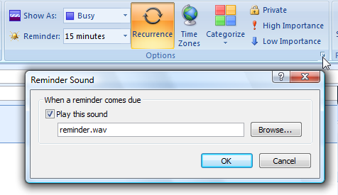 screen shot of reminder sound dialog box