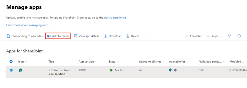 Screenshot of the App Catalog with Sync to Teams button