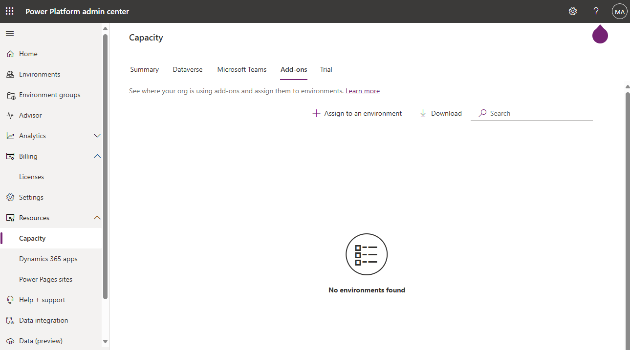 Screenshot of Microsoft Power Platform admin center open to the Resources tab, Capacity page.