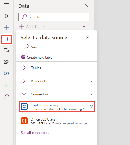Screenshot showing the contoso invoicing custom connector.