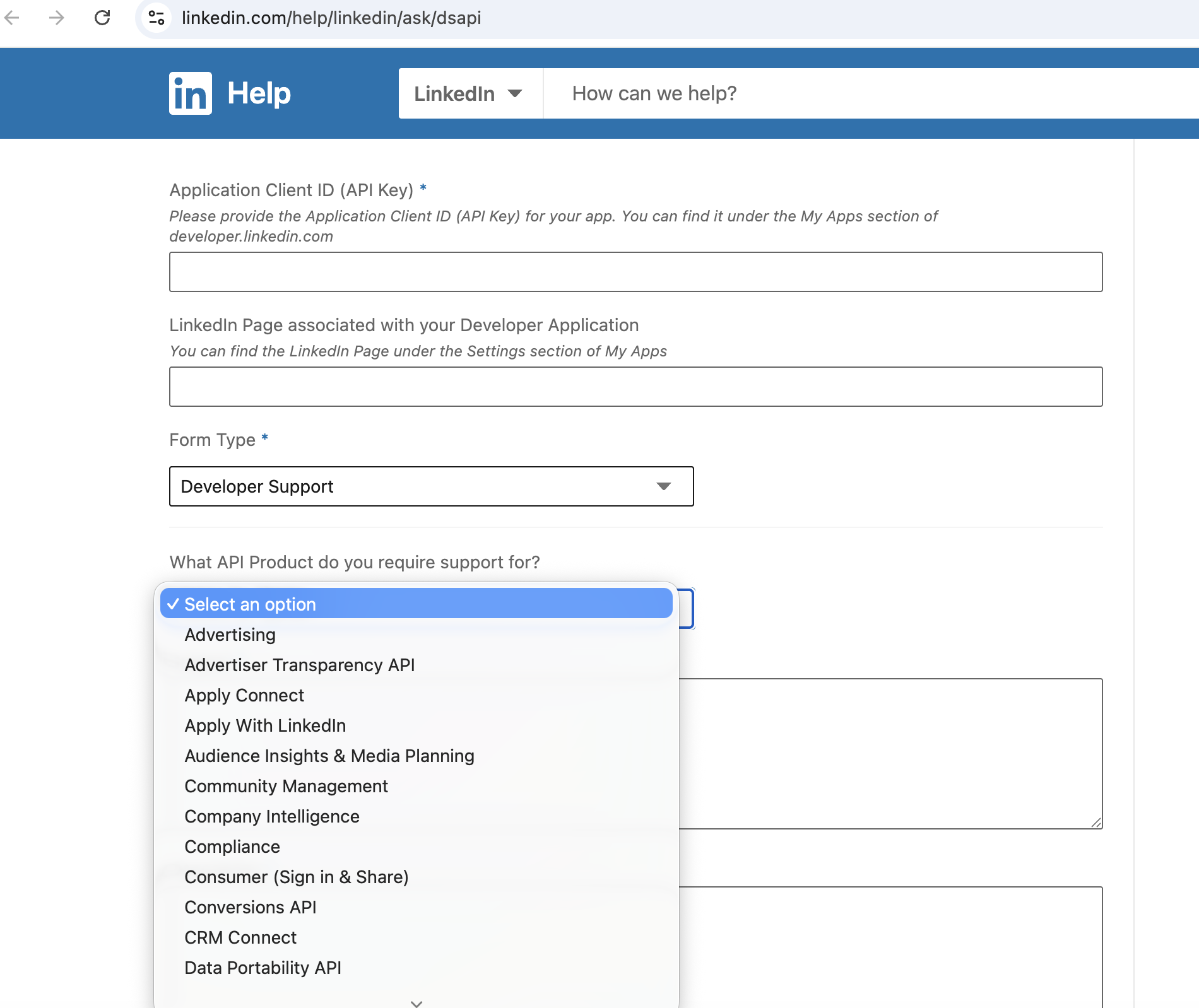 Developer Support form