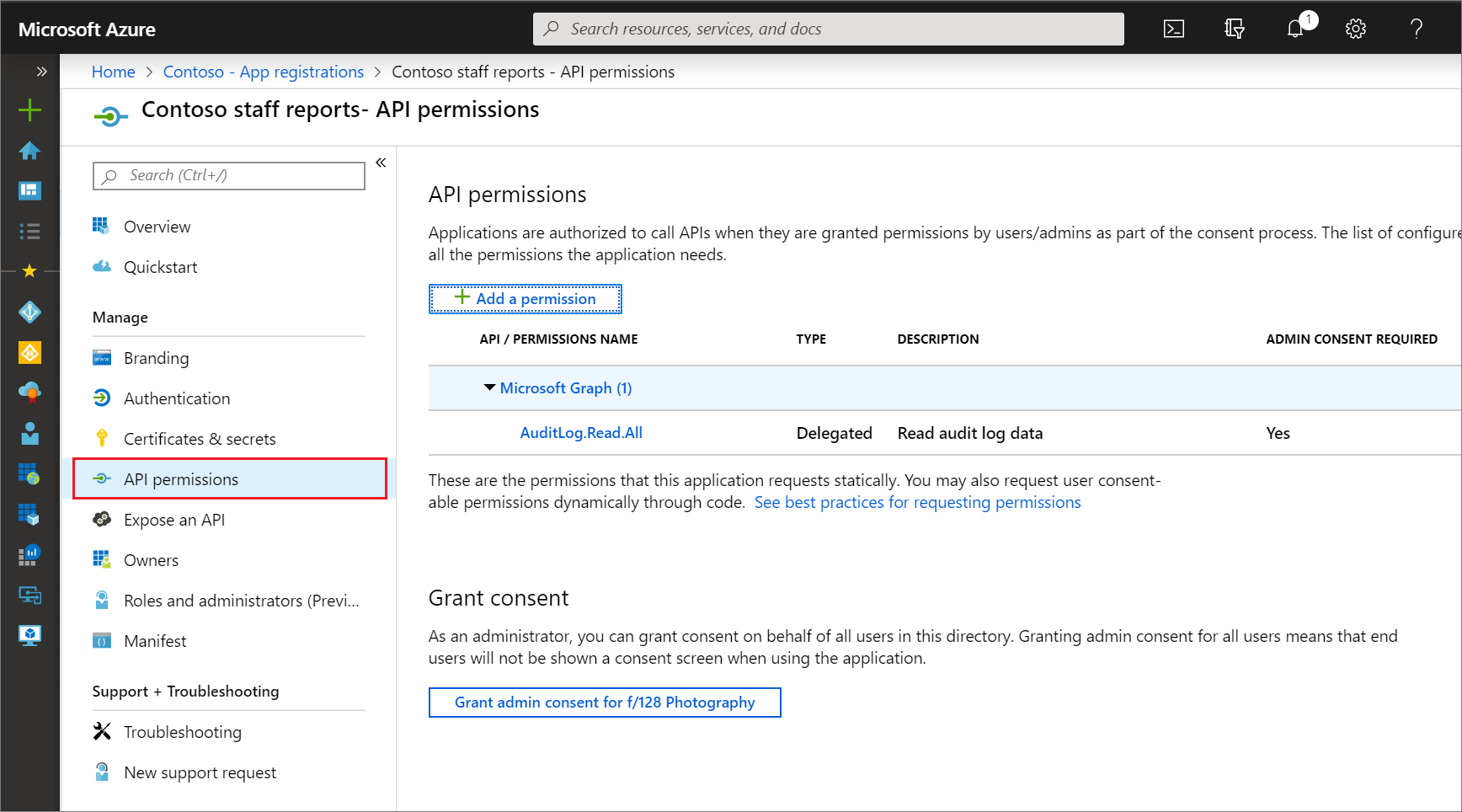 This permissions grants access to the app registration API permissions page