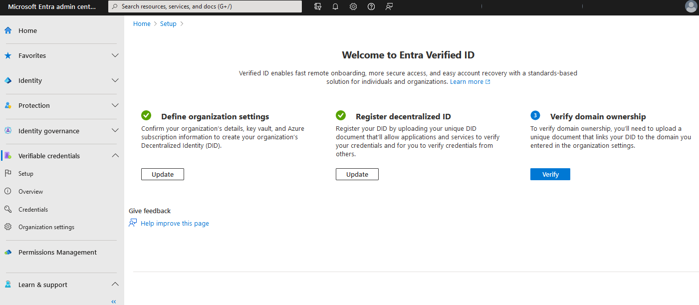 Screenshot that shows how to set up Verifiable Credentials step 2 and 3.