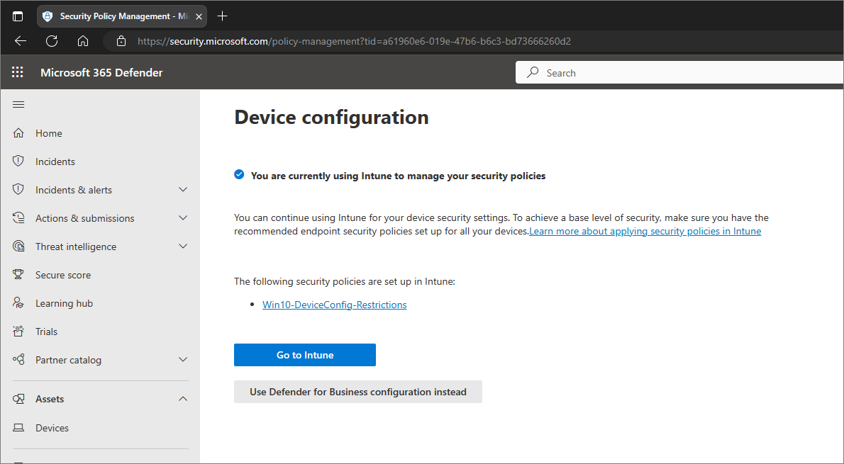 Screenshot showing a screen that prompts the user to keep using Intune or switch to the Microsoft 365 Defender portal.