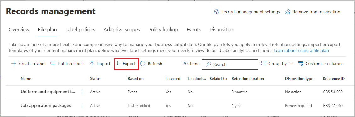 Option to export file plan.
