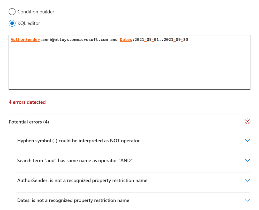 KQL editor error detection