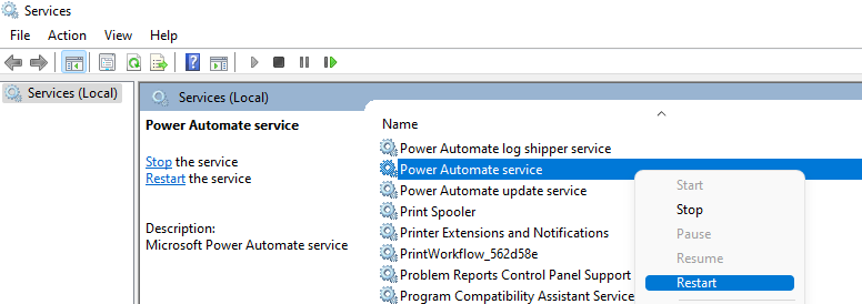Restart the Power Automate Service in the Services tool.