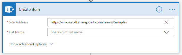 Screenshot shows the Flow designer points the U R L directly to the SharePoint site.