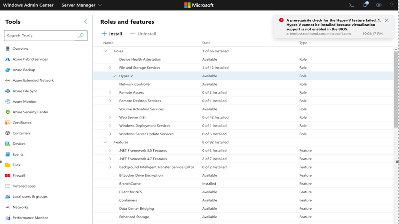 A screenshot of the Windows Admin Center Server Manager Roles and Features page displaying the enabling Hyper-V error message.