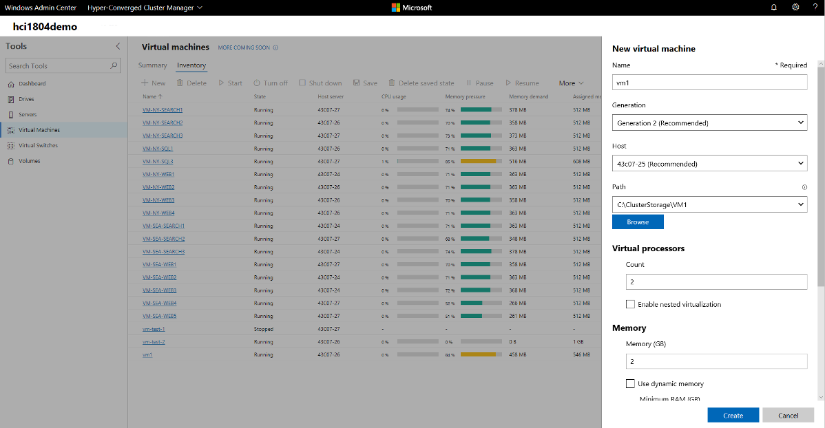 Create new virtual machine screen