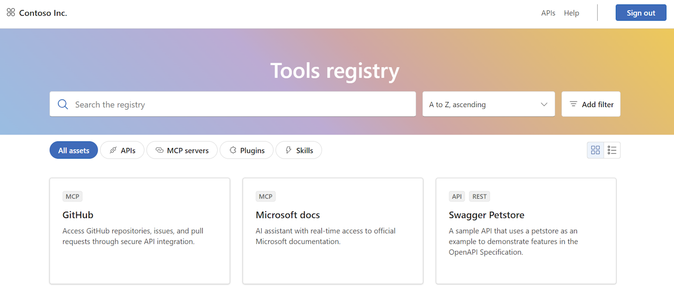 Screenshot of the API Center portal after user sign-in.