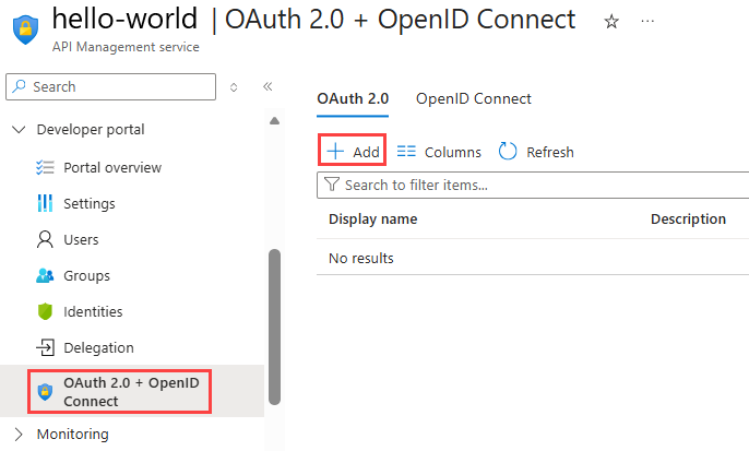 Screenshot of the OAuth 2.0 menu.