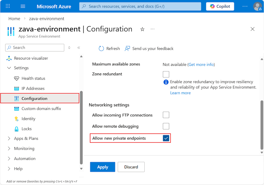 Screenshot that shows how to allow new private endpoint connections for an App Service Environment in the Azure portal.