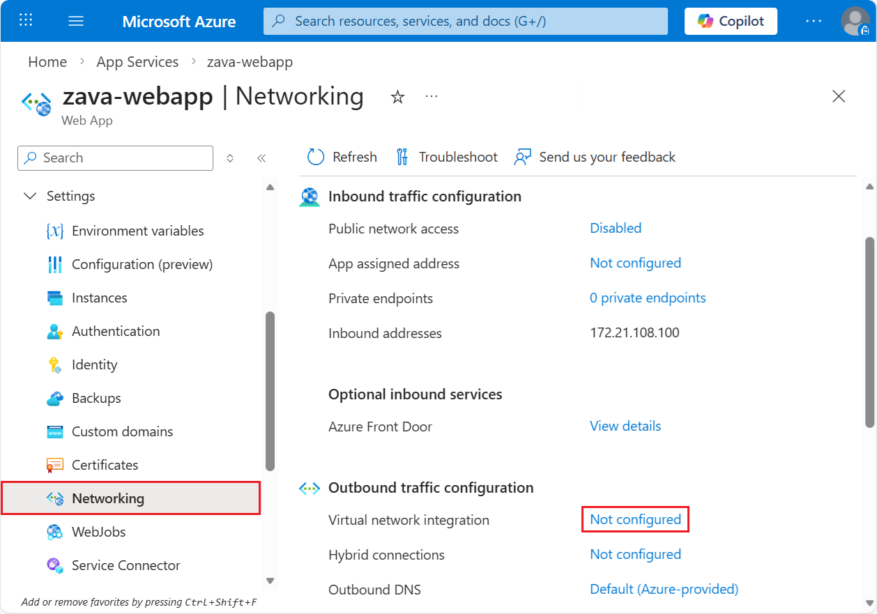 Screenshot that shows how to select the 'not configured' link for virtual network integration in the Azure portal.