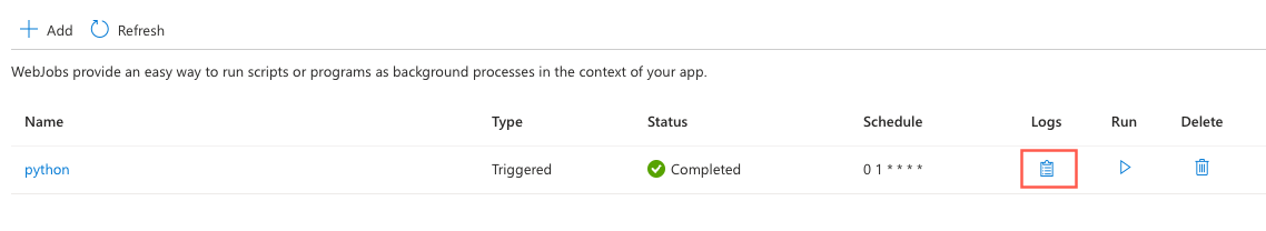 Screenshot that shows how to view WebJob logs in an App Service app in the portal (scheduled WebJob).