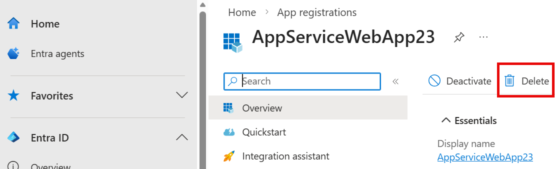 Screenshot that shows deleting the app registration.