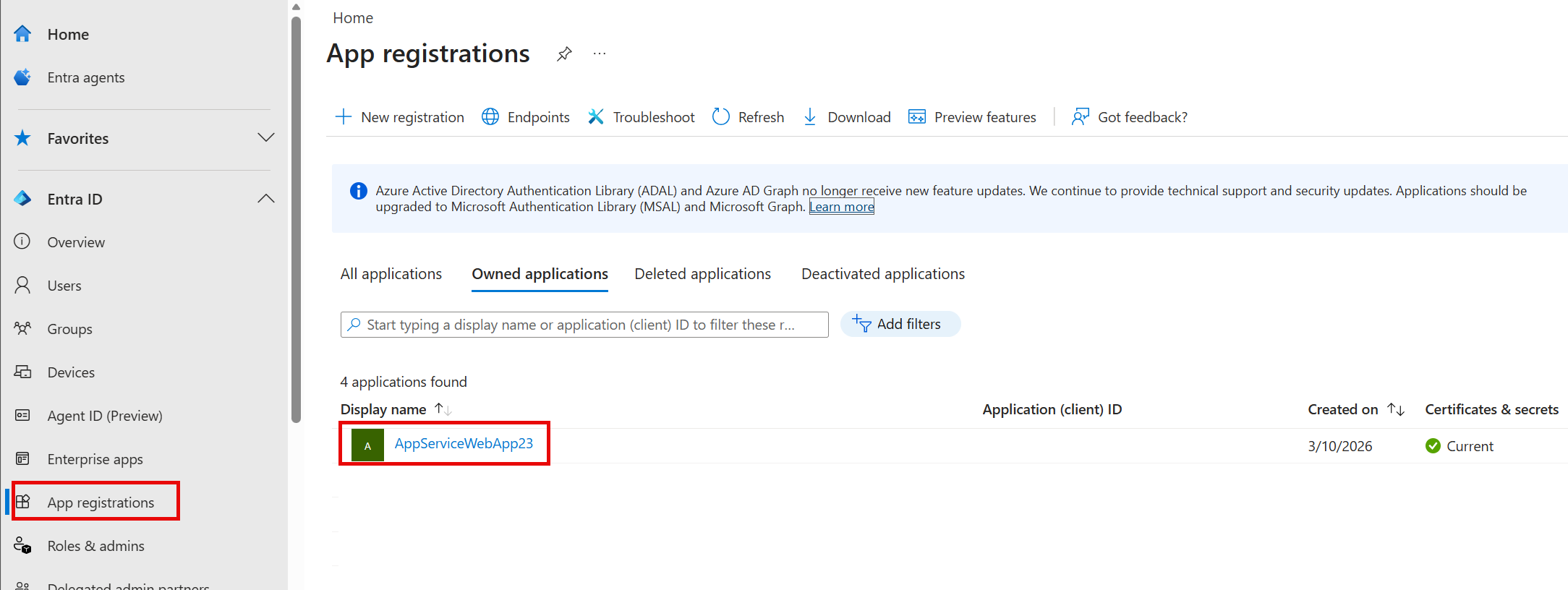 Screenshot that shows selecting app registration.