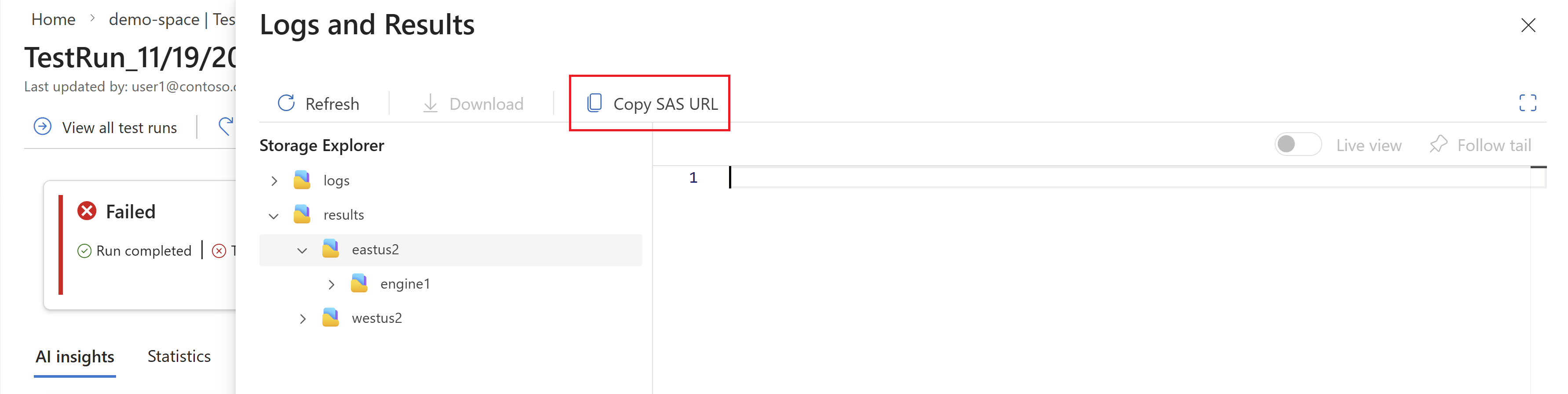 Screenshot that shows how to copy the test artifacts from the 'Test run details' pane.