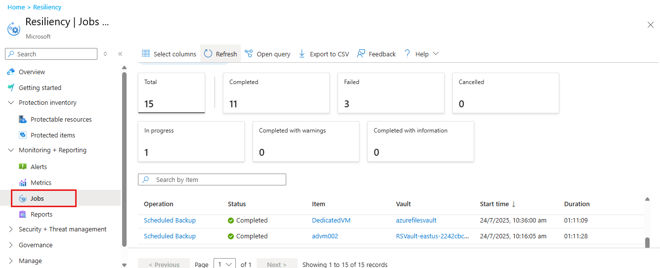 Screenshot showing the backup job status.
