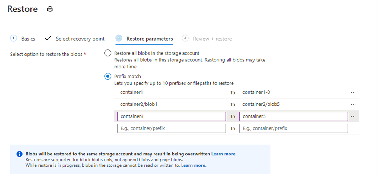 Screenshot shows the restore operation with prefix match.