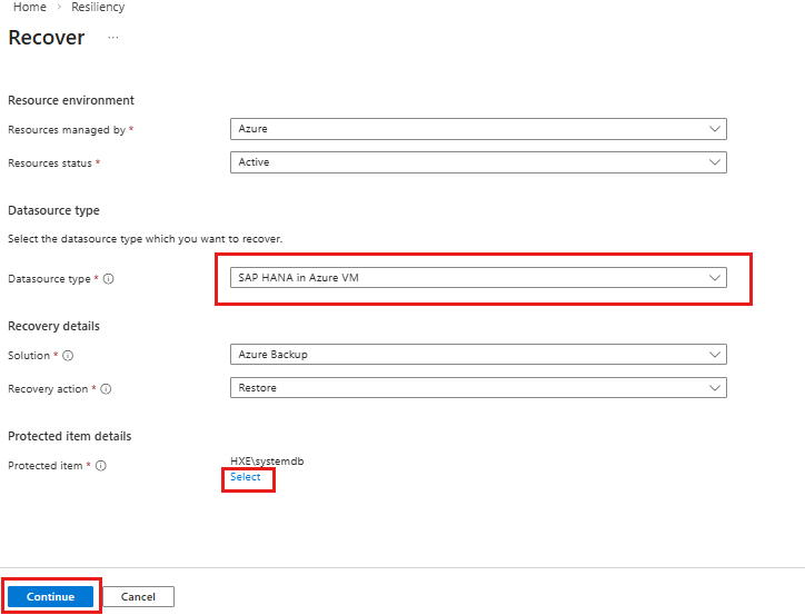 Screenshot that shows where to select the datasource type for recovery.
