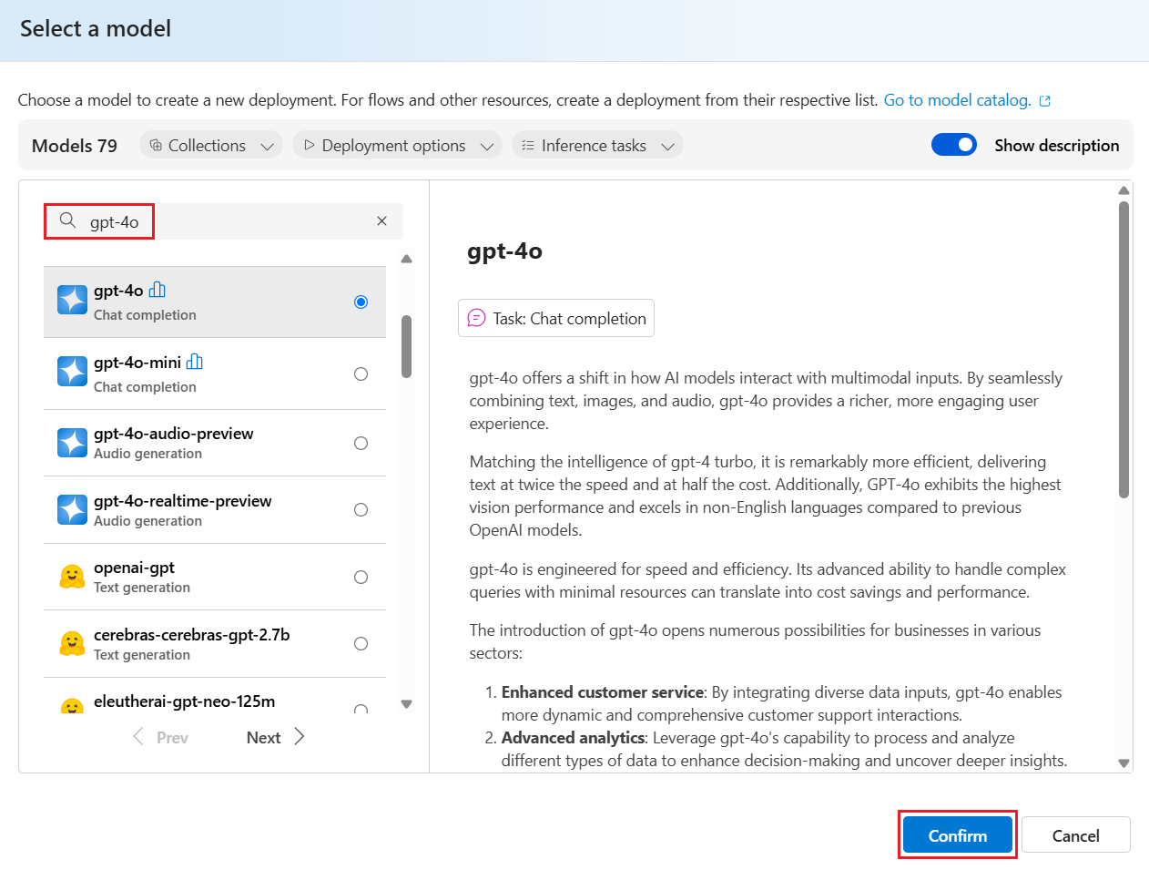 Screenshot of the Select a model dialog box showing gpt-4o selected.