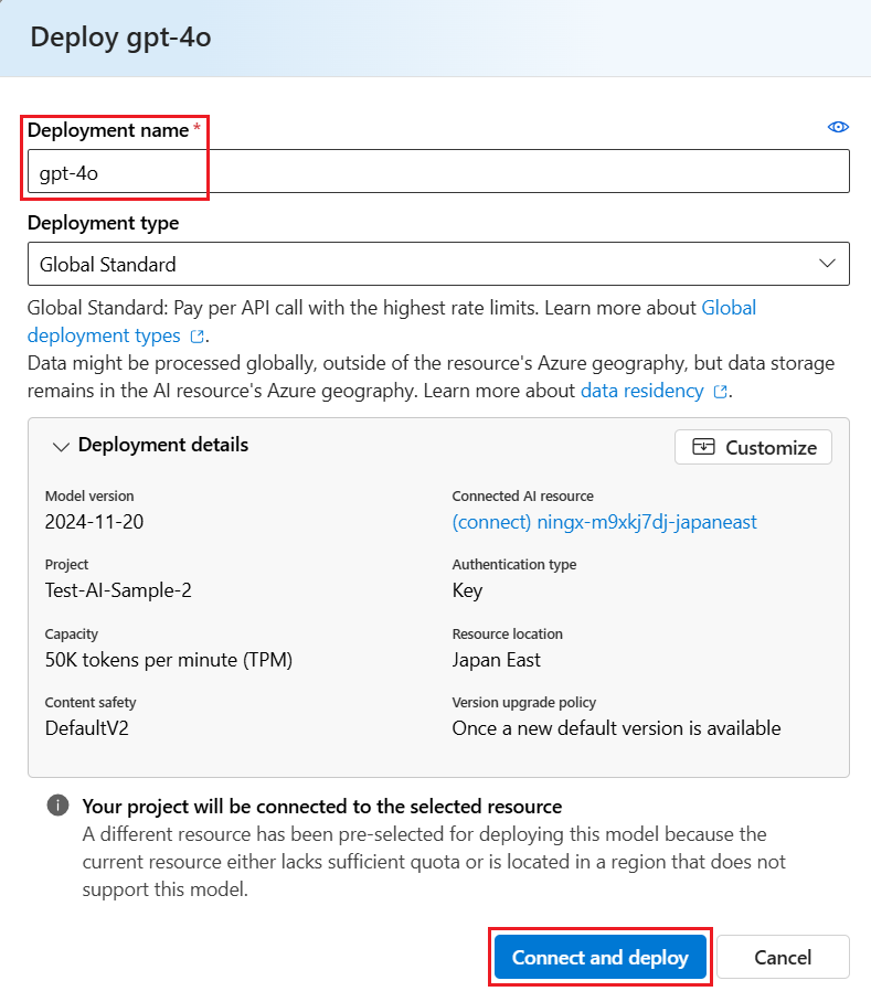 Screenshot of the Deploy gpt-4o dialog box showing gpt-4o as the Deployment name.