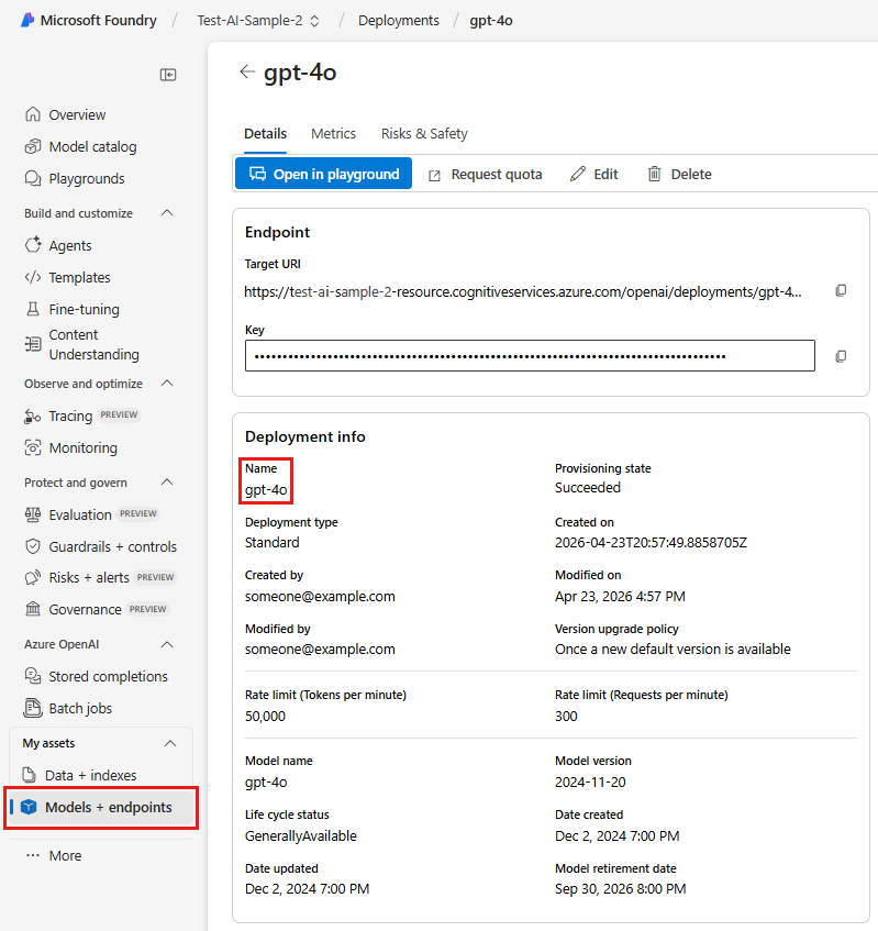 Screenshot of the Models and endpoints asset showing gtp-4o as the deployed model and related deployment info.