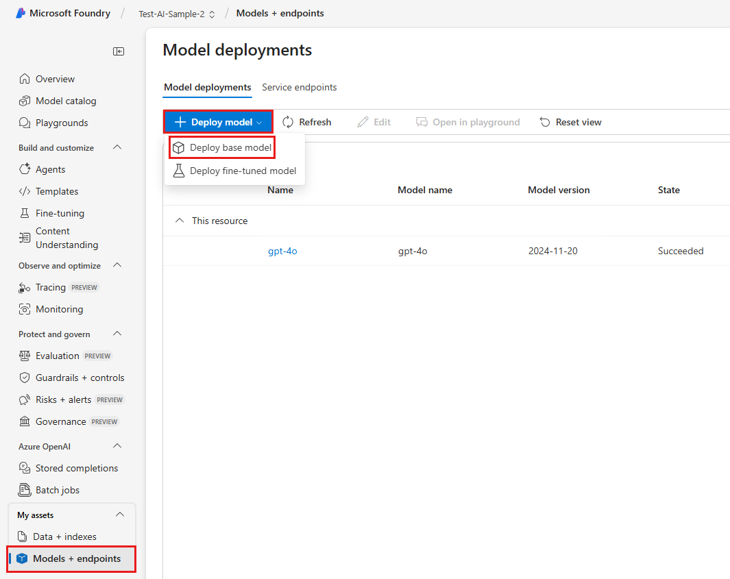 Screenshot of the Manage deployments of your models and services page showing the Deploy base model menu item selected.