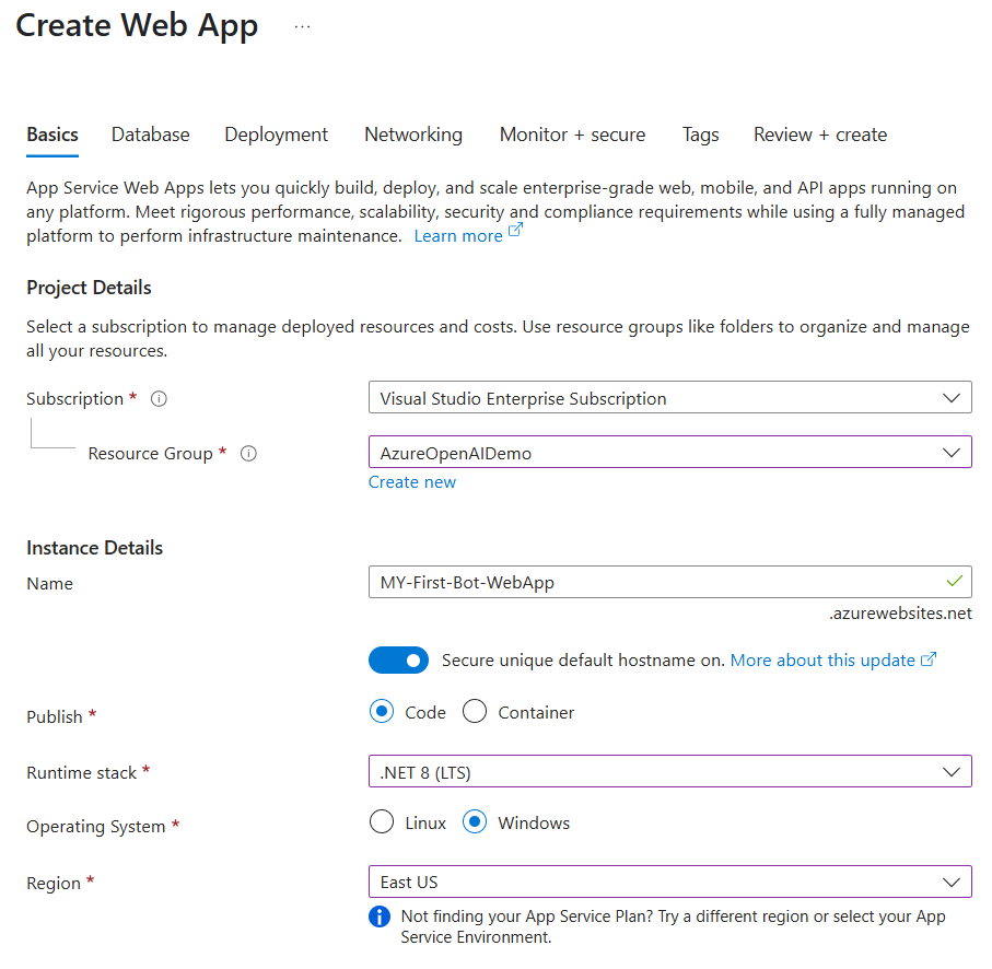Screenshot of the Create Web App page showing Project details and Instance details selected to create a web app deployment.