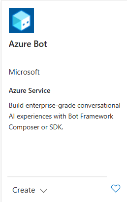 Screenshot of the Azure bot tile showing details needed to create an Azure bot service.