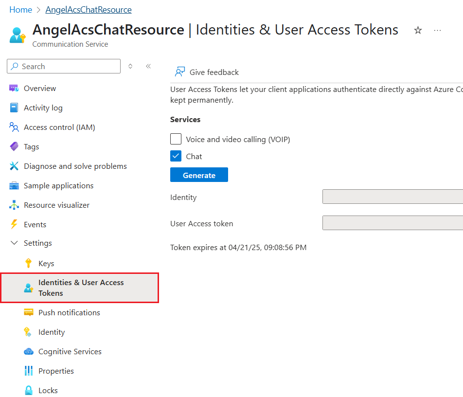 Screenshot that shows how to create a Communication Services user id and access token