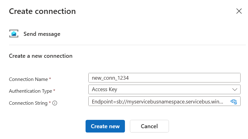 Screenshot that shows the Create connection pane for a new Service Bus action that uses access key authentication in a Consumption workflow.