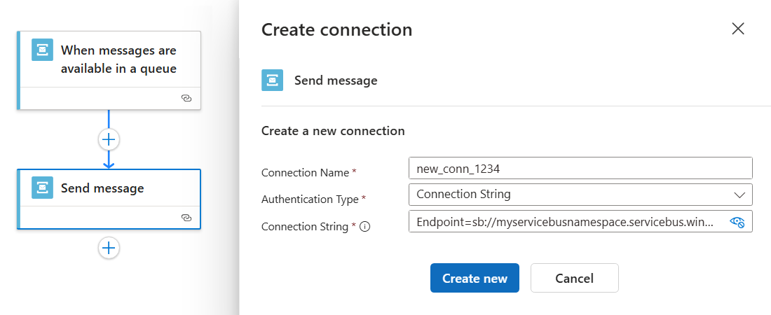 Screenshot that shows the Create connection pane for a Service Bus built-in connector action in a Standard workflow.