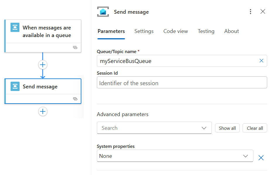 Screenshot that shows the information for a Service Bus managed connector action in a Standard workflow.