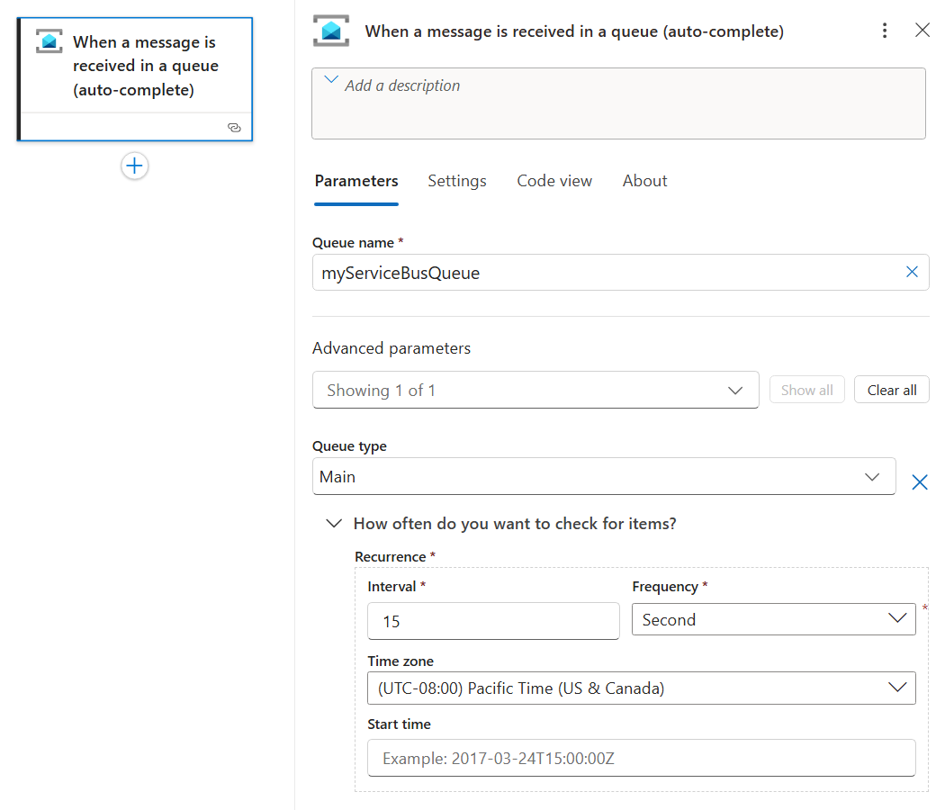 Screenshot that shows the new Service Bus managed trigger with example information in a Standard workflow.