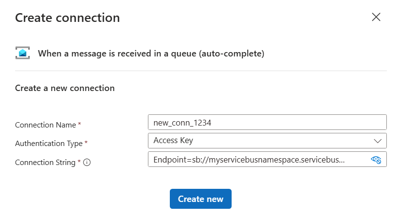 Screenshot that shows the Create connection pane for a new Service Bus trigger that uses access key authentication in a Consumption workflow.