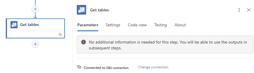 Screenshot shows the designer, workflow, and Get tables action.