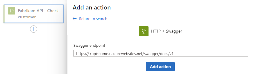 Screenshot that shows the Azure portal, workflow designer, and HTTP + Swagger action pane. An example URL is entered for the Swagger endpoint parameter.