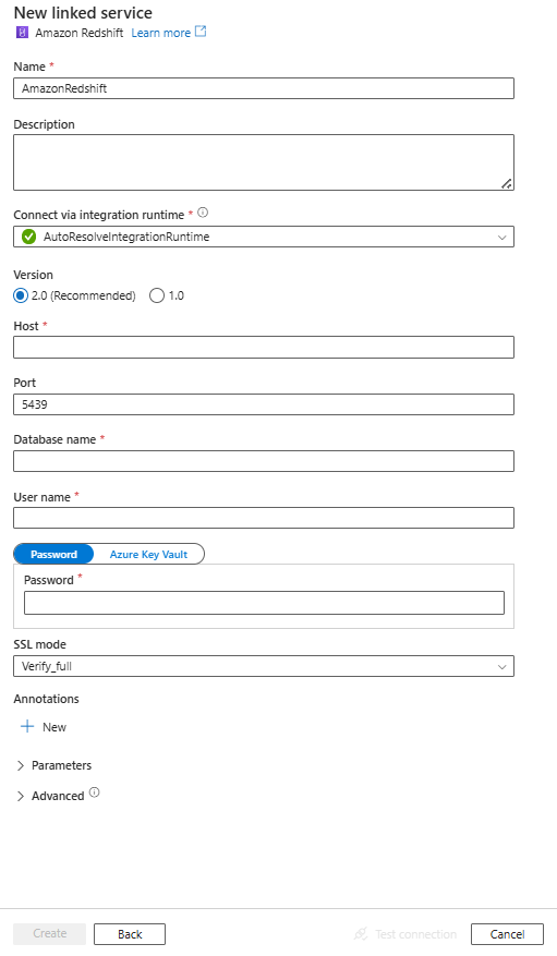Configure a linked service to Amazon Redshift.