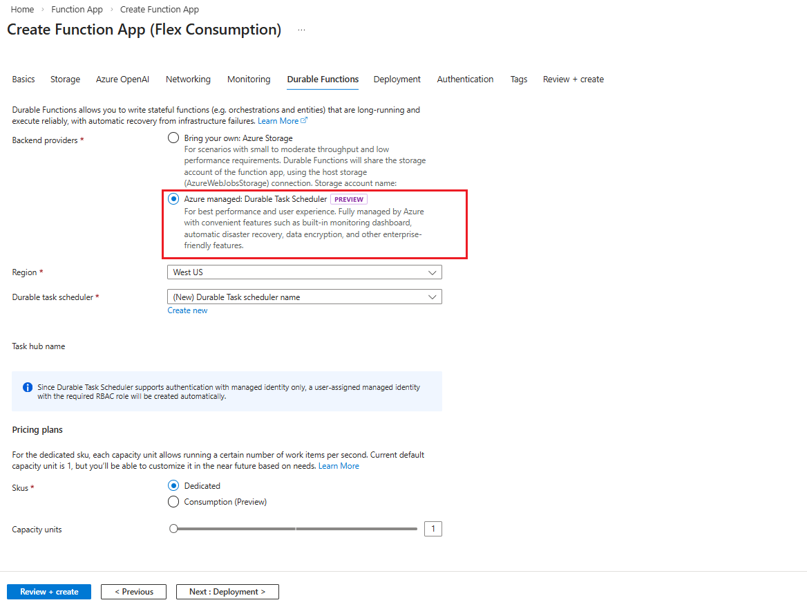 Screenshot of creating a Flex Consumption Function app.