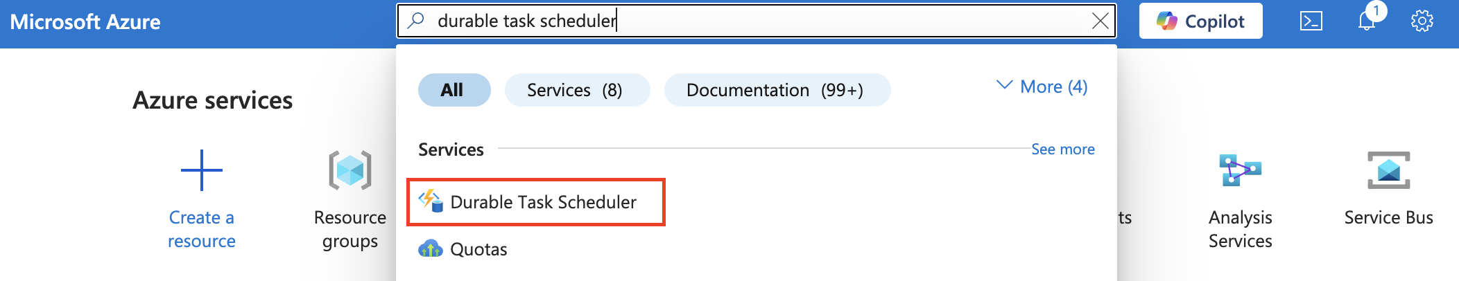 Screenshot of searching for the Durable Task Scheduler in the portal.