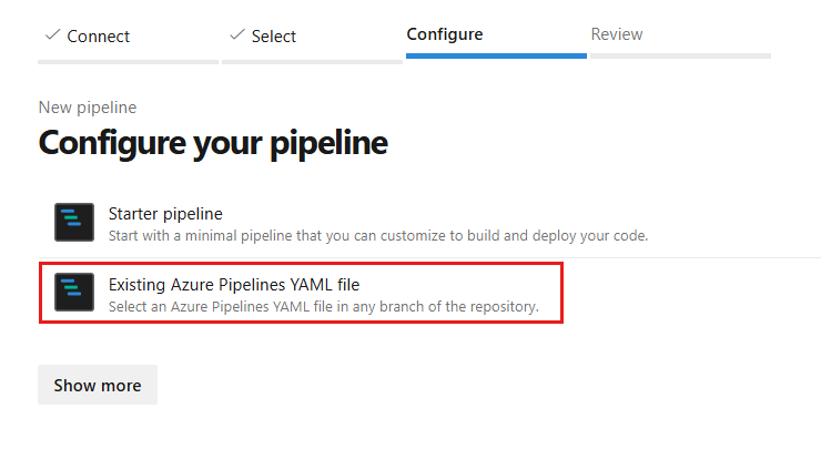 Screenshot shows Configure page for selecting a pipeline type.
