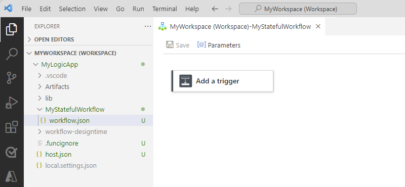 Screenshot shows Visual Studio Code, Explorer icon selected on left menu, logic app project, and workflow designer.