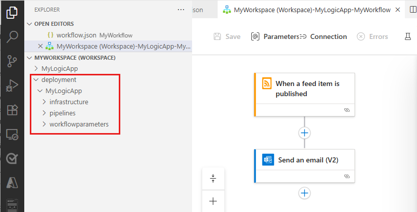 Screenshot shows Visual Studio Code, Explorer icon selected on left menu, logic app project, and highlighted deployment scripts folder with contents.