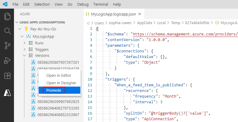 Screenshot that shows Visual Studio Code and how to promote an earlier logic app version to the current version. 