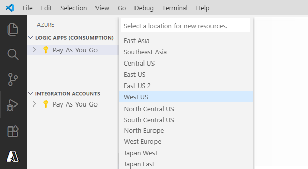 Screenshot that shows a selected Azure region.