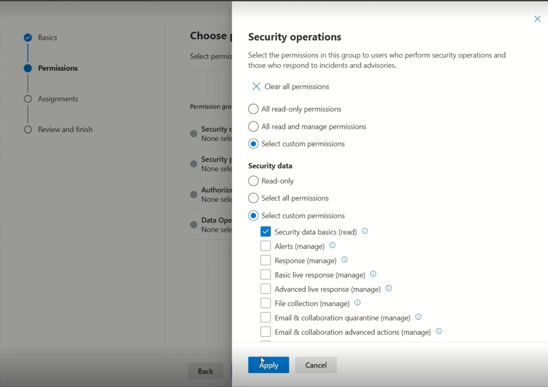 Screenshot of dialog for assigning permissions to a custom role.