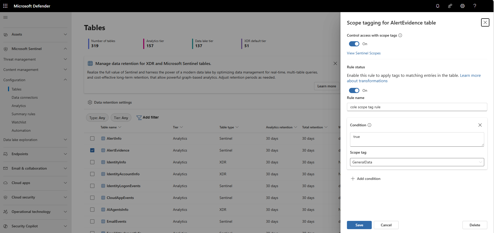 Screenshot of the table scope tag rule.