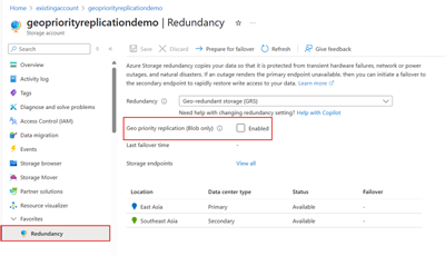 Screenshot showing the location of the geo priority replication checkbox for disabling the feature.